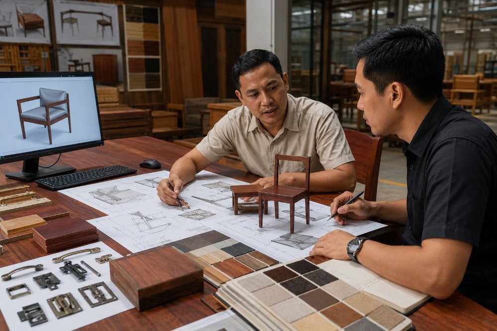 Furniture team reviewing custom mahogany furniture drawings and finish samples