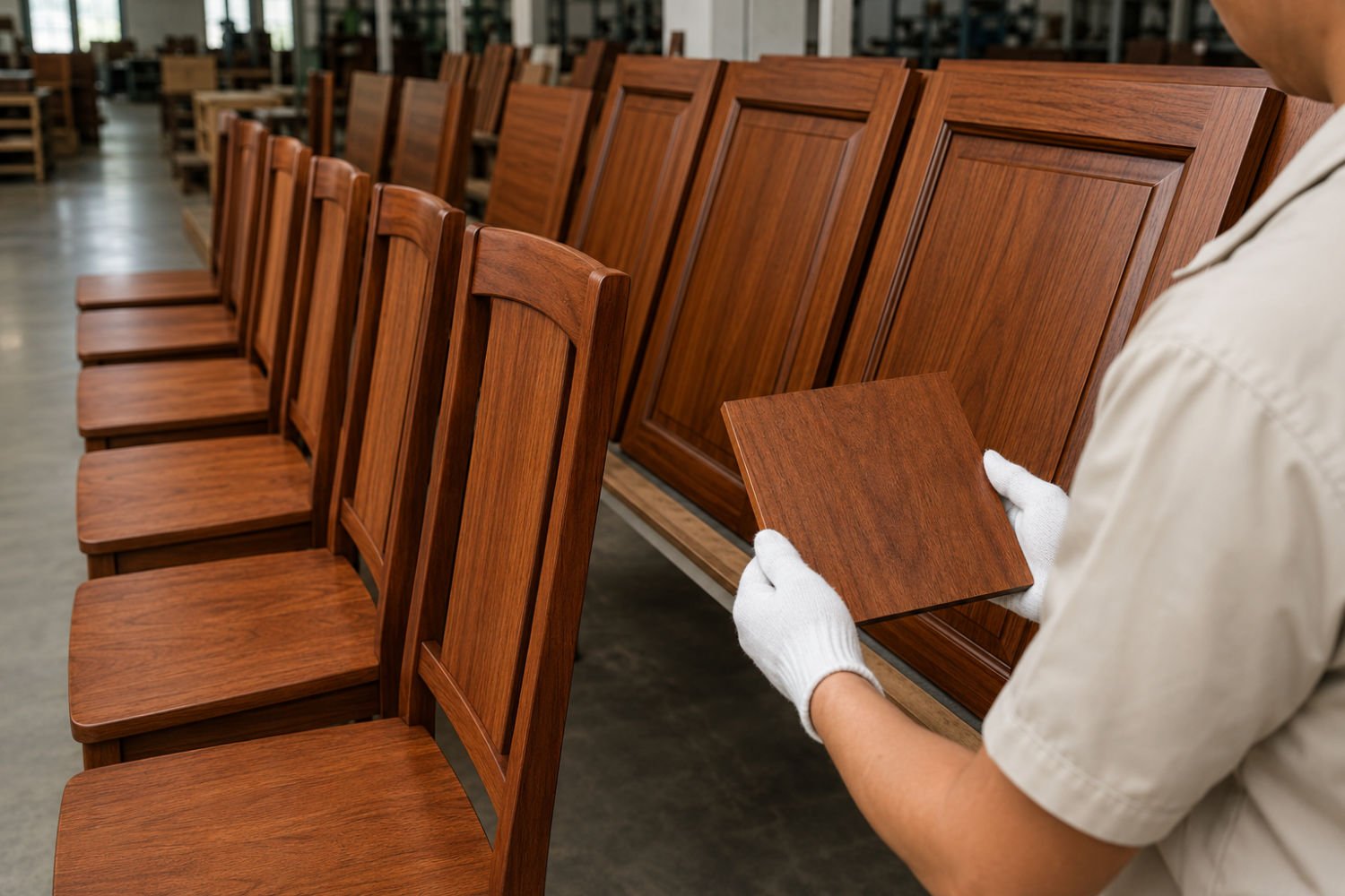 QC inspector comparing bulk mahogany furniture with an approved color sample in an Indonesian factory