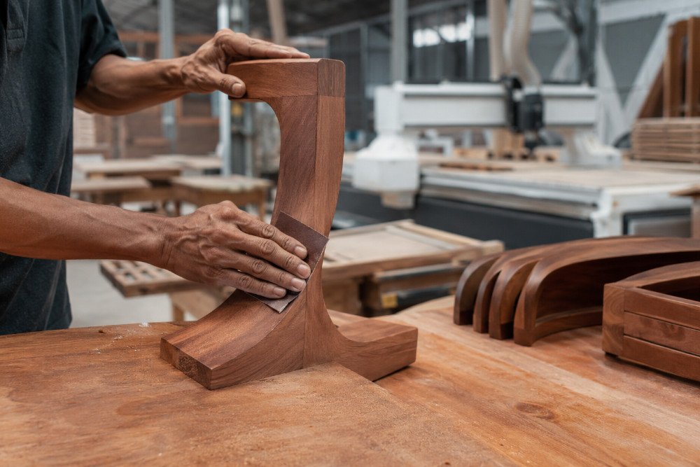 Indonesian artisan shaping a mahogany furniture component in a modern factory