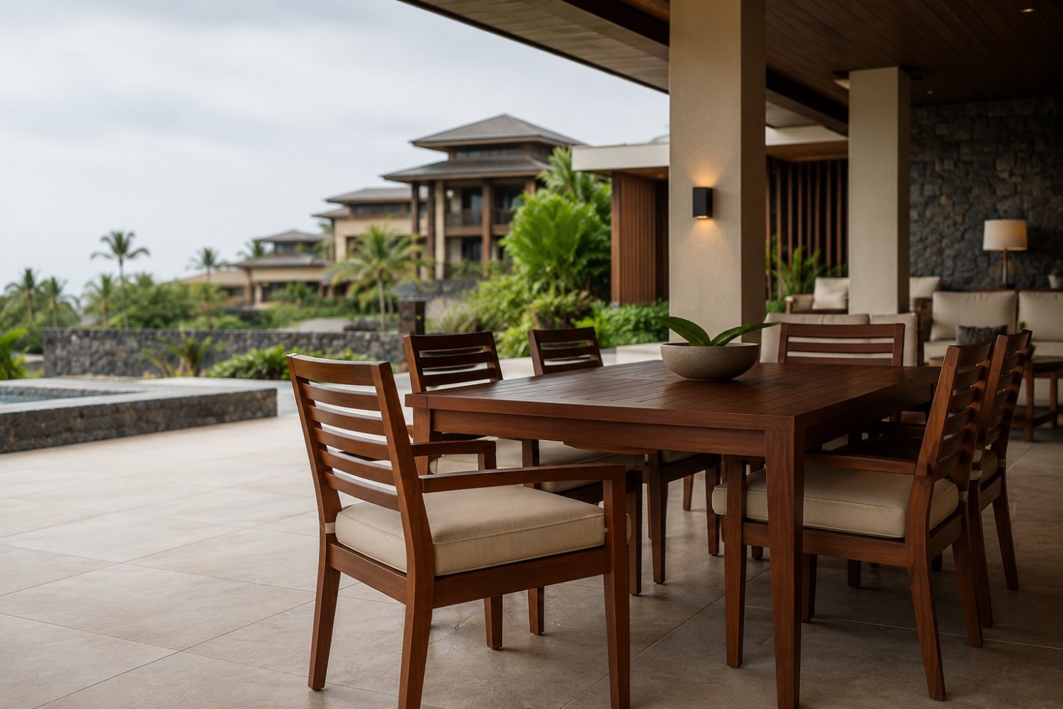 Premium mahogany outdoor furniture on a covered hotel terrace made by an Indonesian OEM manufacturer