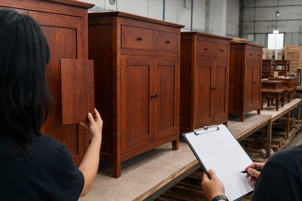 Quality control team inspecting color consistency across finished mahogany furniture before packing