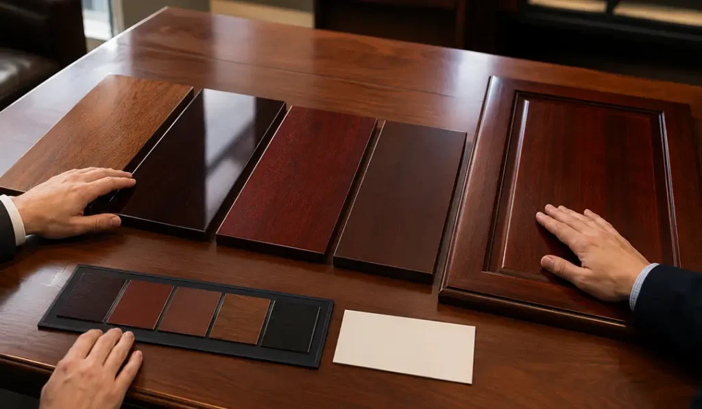 Mahogany finish samples showing differences in color depth sheen and grain visibility