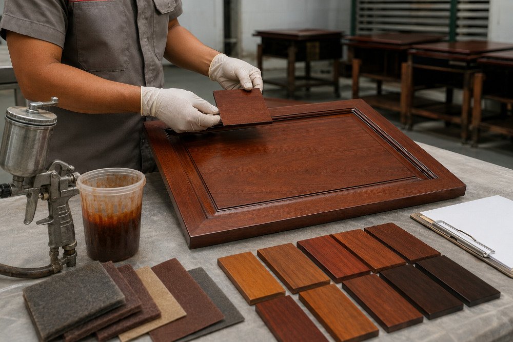 Finishing specialist comparing an approved mahogany color sample with a stained production panel