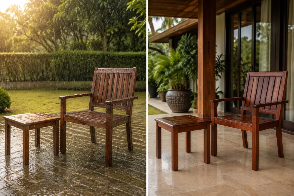 Comparison of mahogany furniture in full outdoor and covered outdoor settings