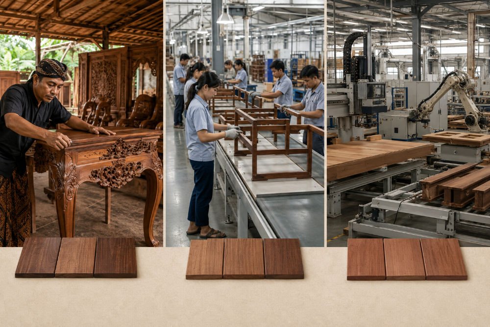 Side-by-side comparison of mahogany furniture production in Indonesia, Vietnam, and China