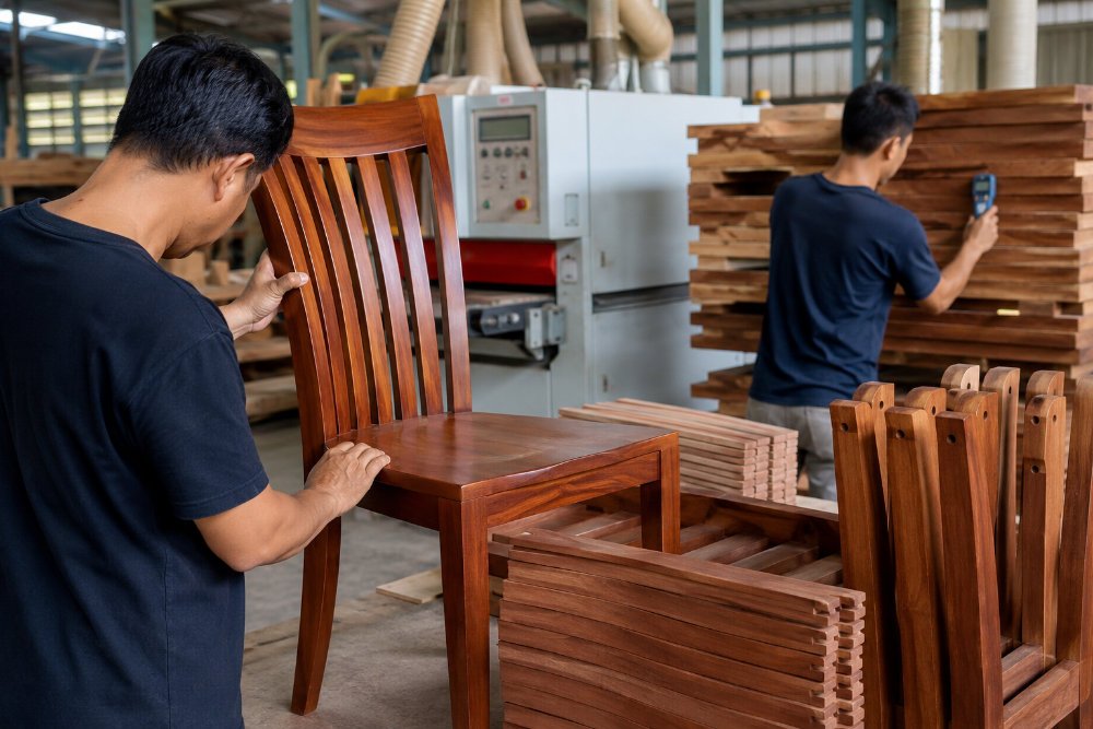 Quality control process inside an Indonesian mahogany furniture factory