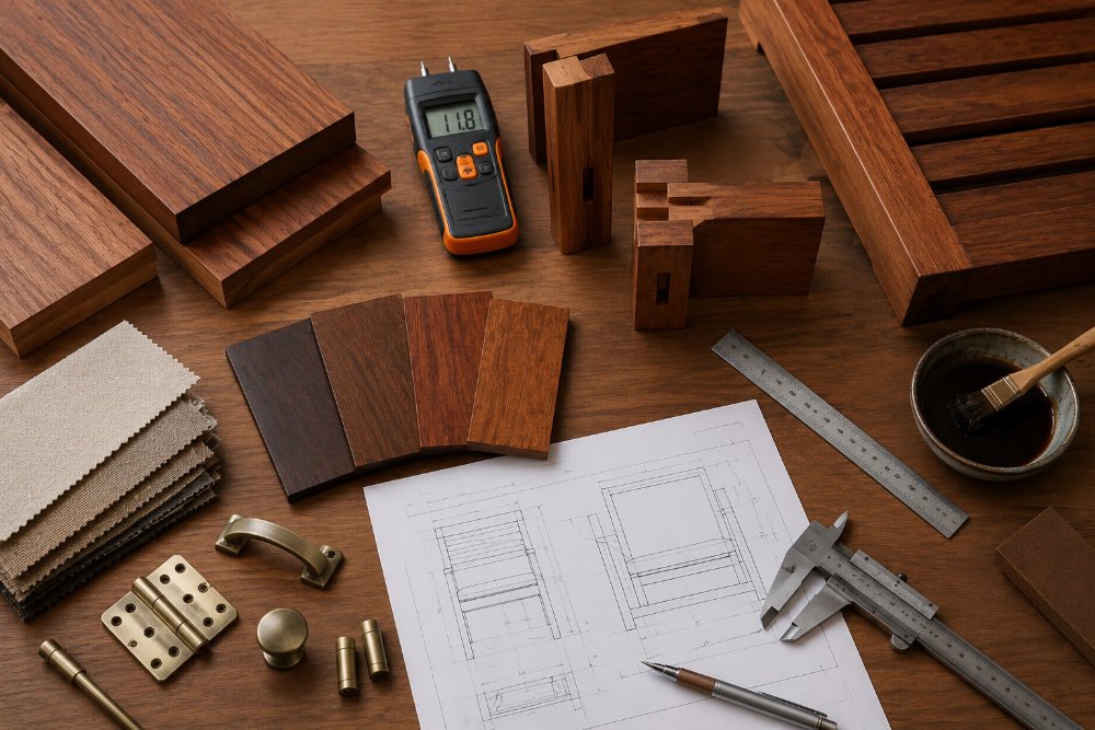 Mahogany wood grade, moisture meter, joinery, finish samples, and hardware affecting furniture price