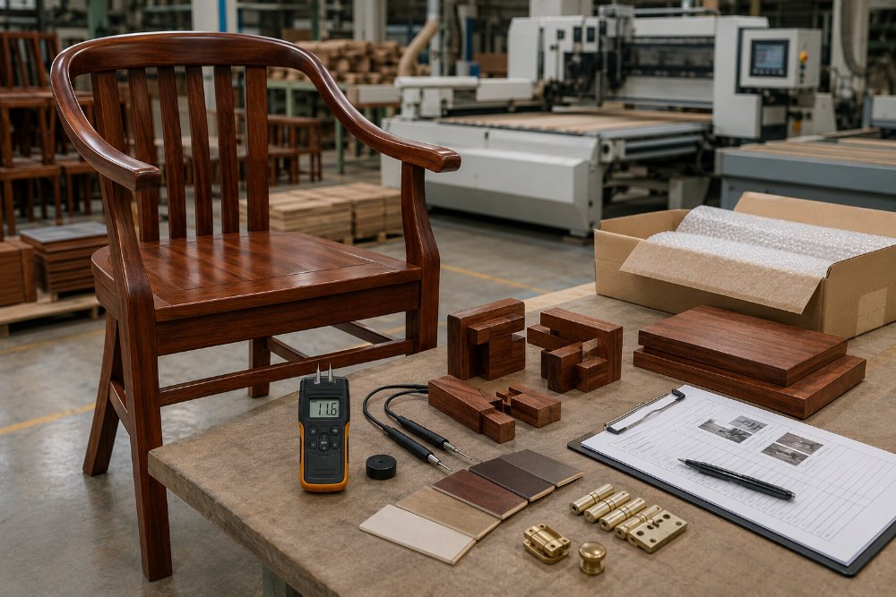 Quality control process for mahogany furniture covering moisture, joinery, finishing, and packaging