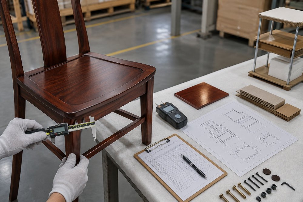 Quality control inspection for OEM mahogany furniture using moisture and dimension checks