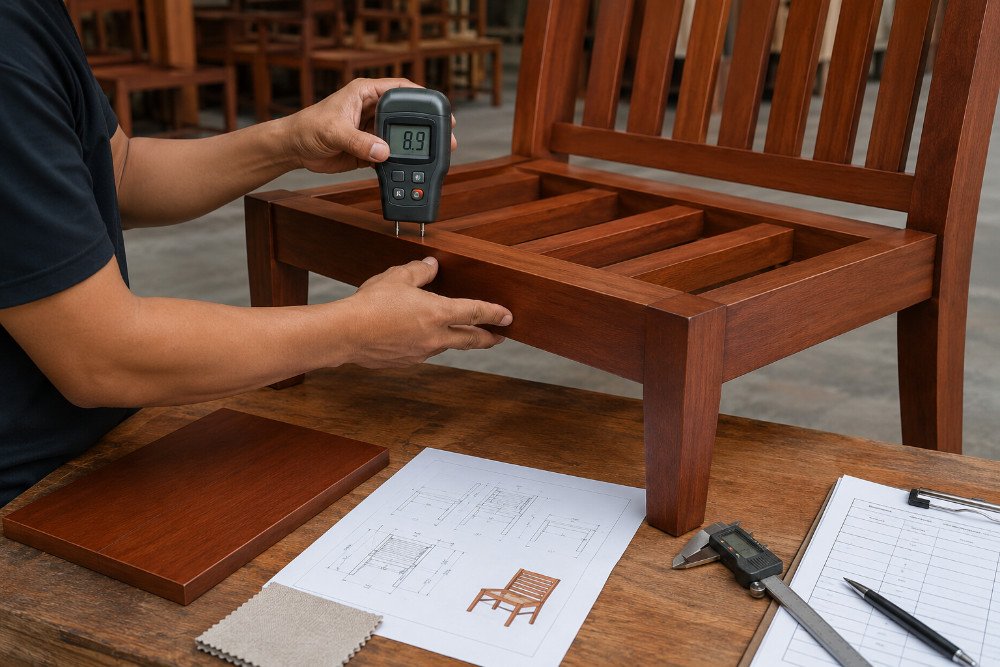 Quality inspector checking the moisture content of a mahogany furniture sample