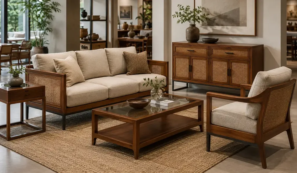 Mahogany living room collection using rattan aluminum and neutral fabric for visual contrast