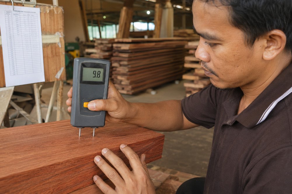 Worker checking the moisture content of kiln-dried mahogany lumber