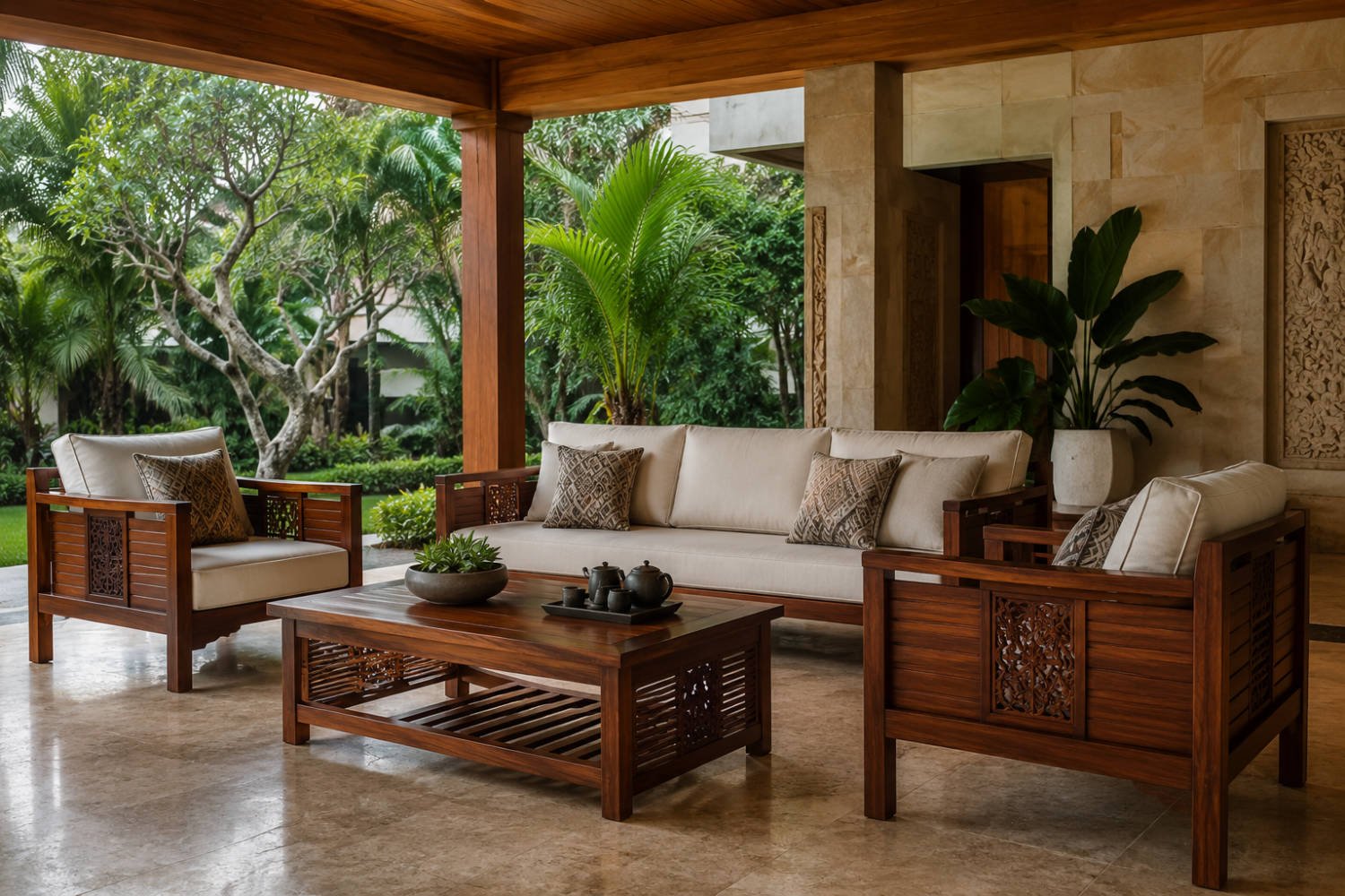 Premium mahogany outdoor furniture set on a covered patio for retailer price evaluation