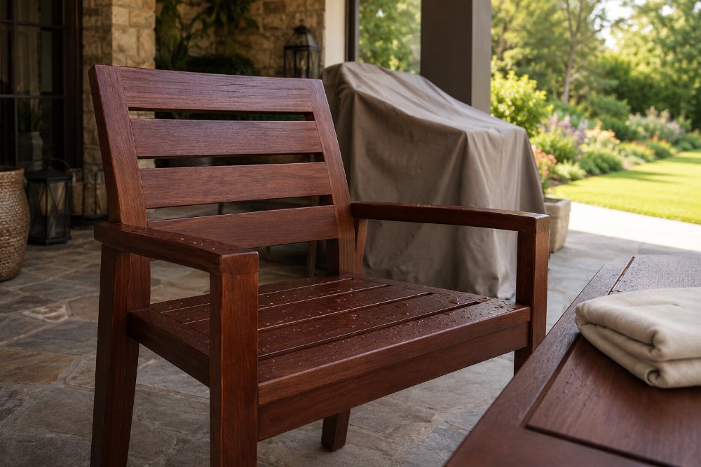 Sealed mahogany outdoor chair protected under a covered patio with basic care items