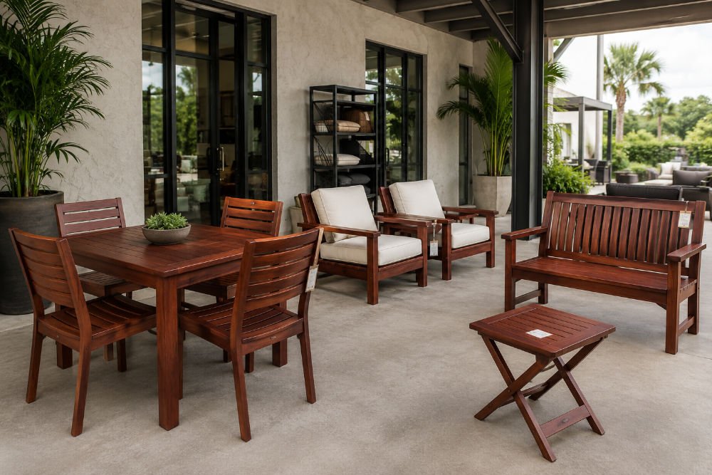 Trial assortment of mahogany dining, lounge, bench, and balcony furniture for retailers