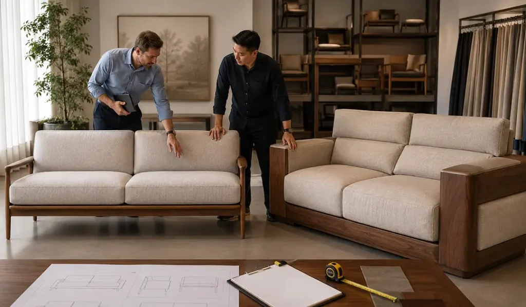 Buyer reviewing silhouette and frame proportions of mahogany sofa samples