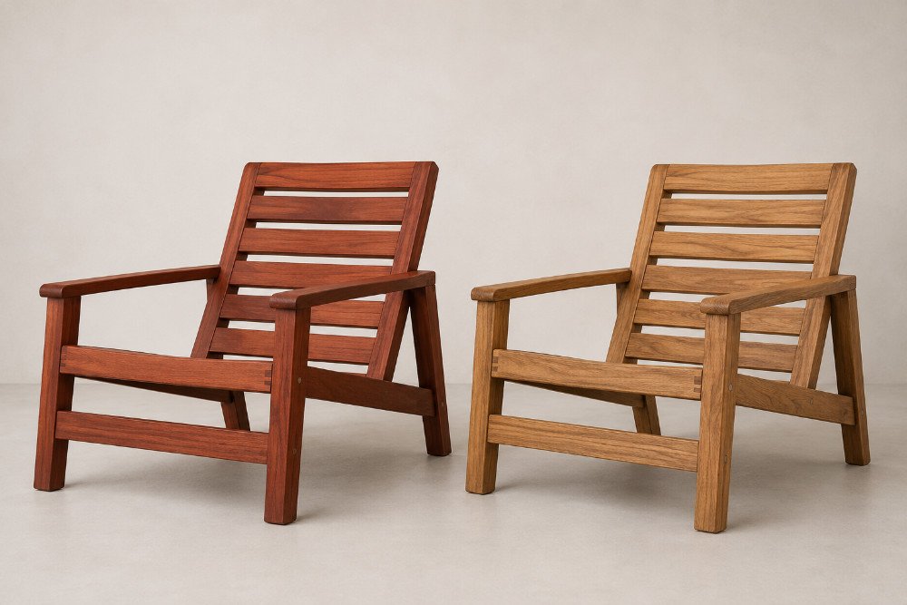 Side-by-side mahogany and teak lounge chairs showing differences in wood color and grain