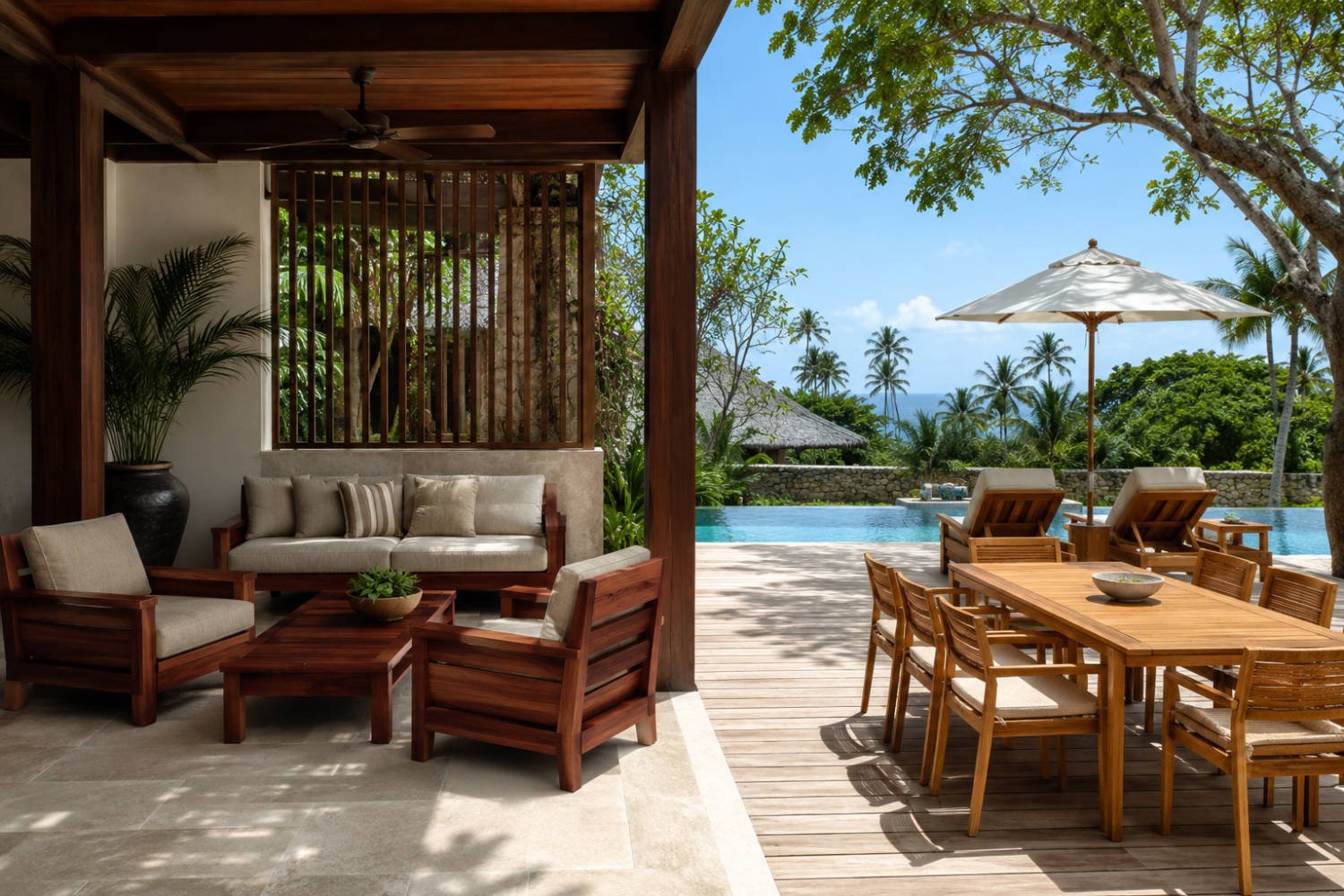 Mahogany furniture under a covered patio beside teak outdoor furniture in an open poolside area