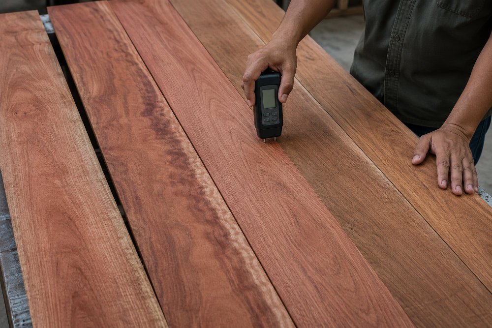 Raw mahogany boards with different grain tones being tested with a moisture meter
