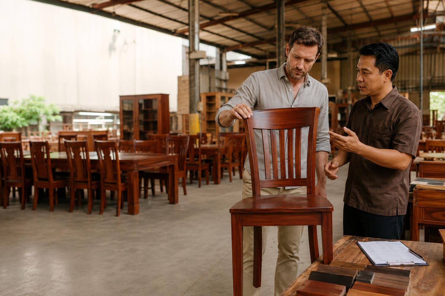 International buyer inspecting mahogany furniture at an Indonesian furniture factory