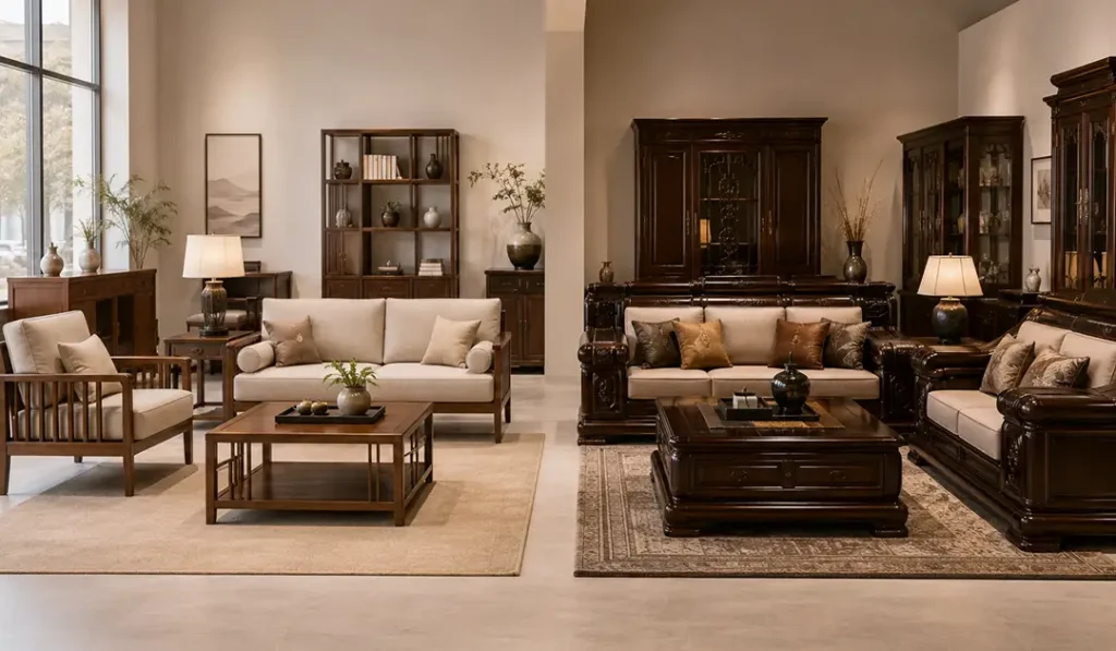 modern-vs-heavy-mahogany-living-room-furniture Modern mahogany living room furniture compared with a visually heavy mahogany collection