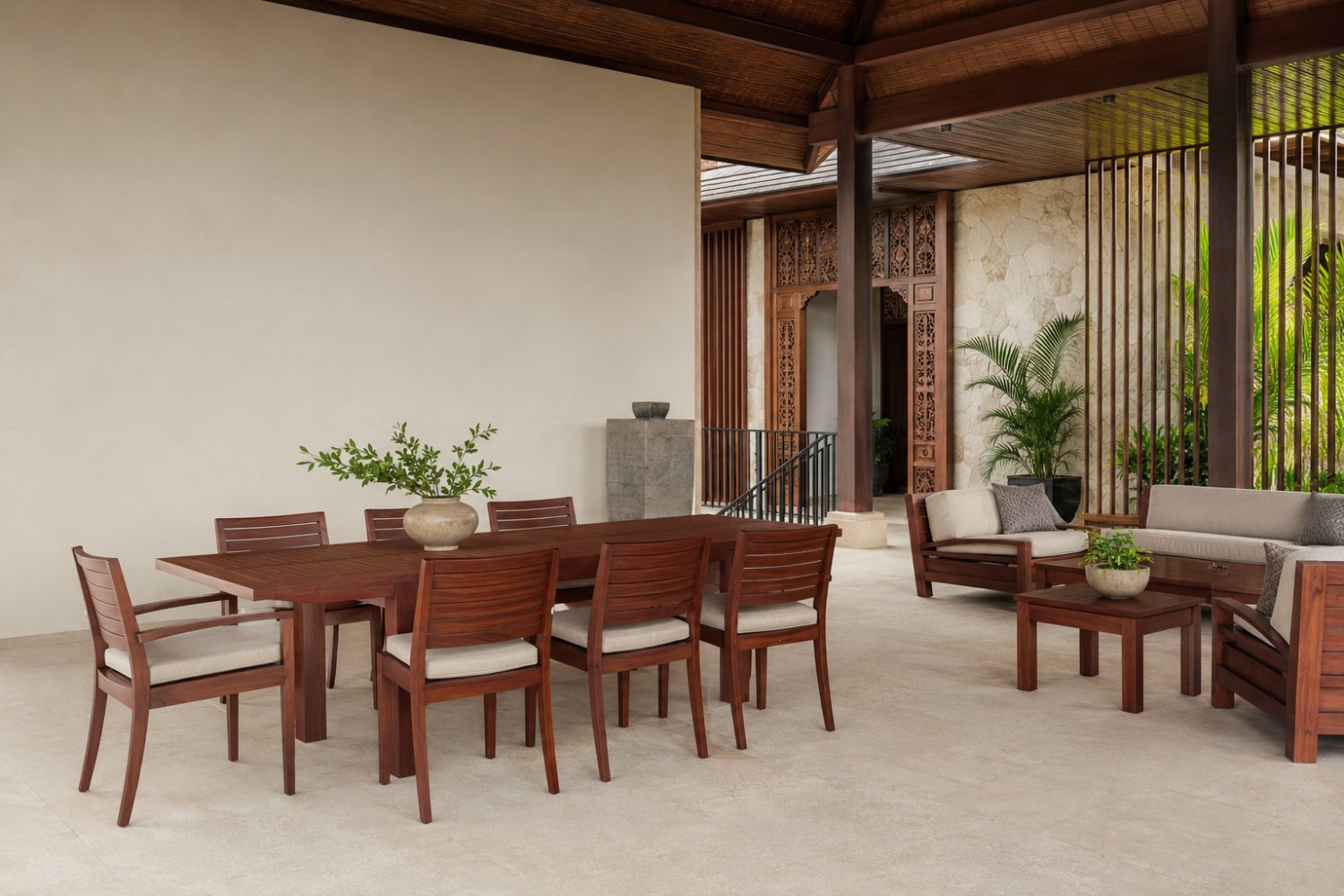 Private label mahogany outdoor furniture collection on a covered terrace