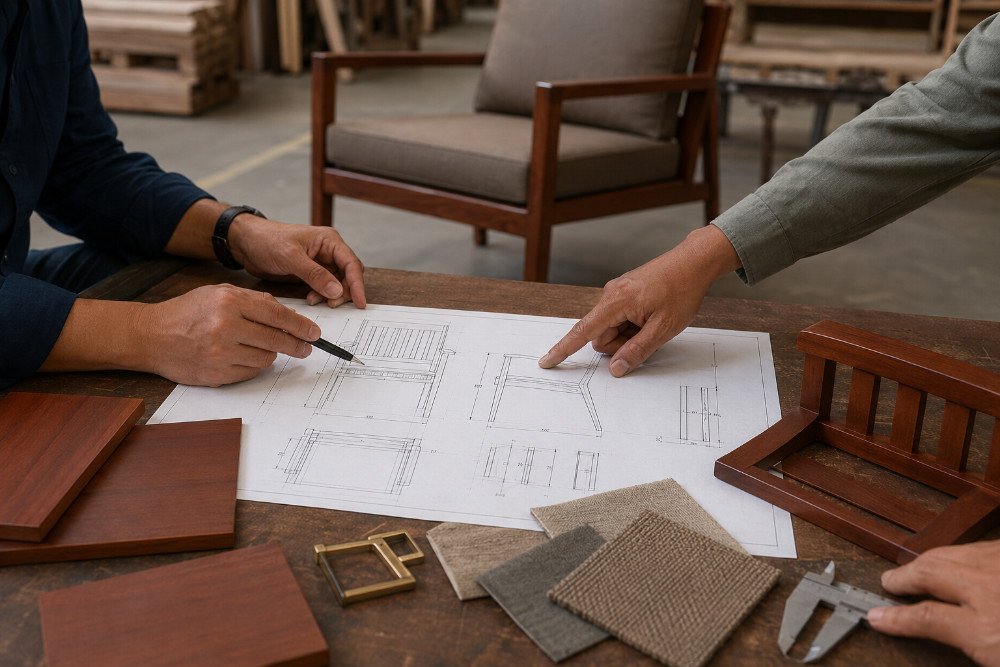 Furniture development team reviewing a mahogany chair drawing and finish samples