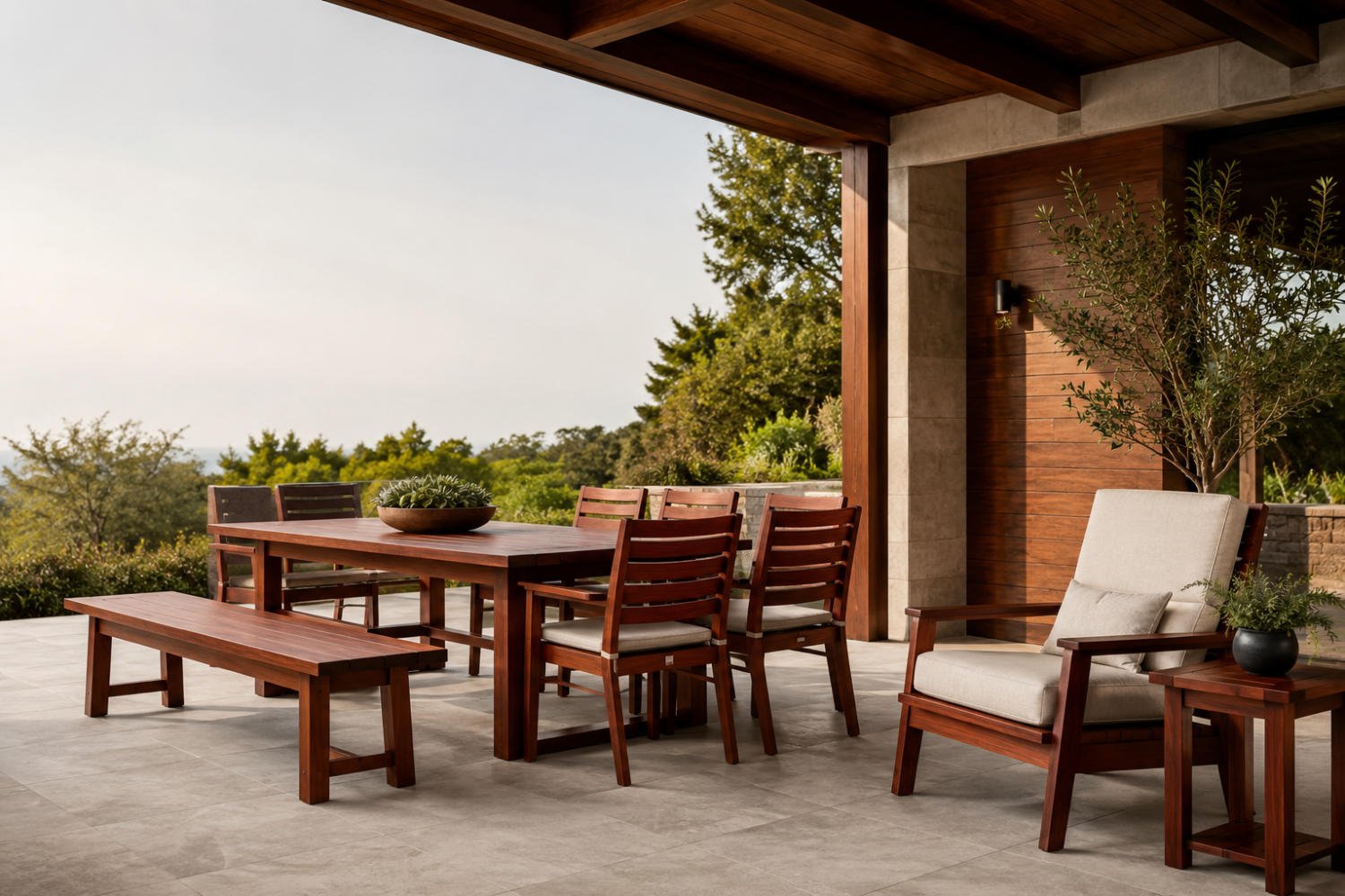 Mahogany outdoor furniture collection displayed on a covered patio for retail buyers