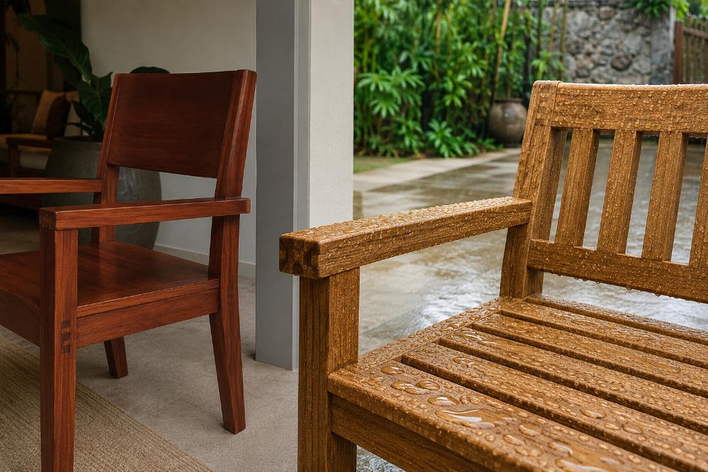 Teak slatted furniture exposed to light rain beside sealed mahogany furniture in a covered patio