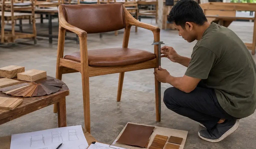 Custom teak dining chairs compared with approved finish and leather references before bulk production