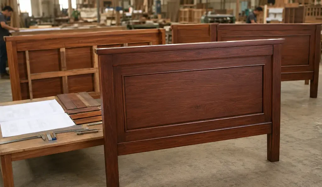 Approved solid mahogany headboard used as the reference for consistent bulk production