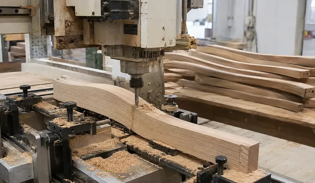 CNC machining curved Sungkai wood components for dining chair production