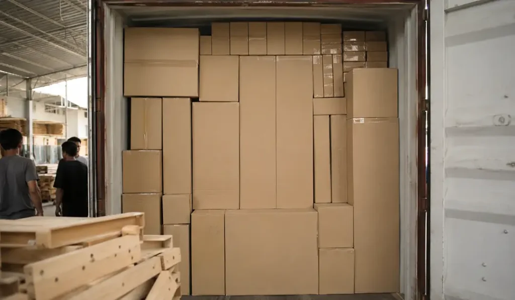 Compact knock-down furniture cartons efficiently loaded inside an export container