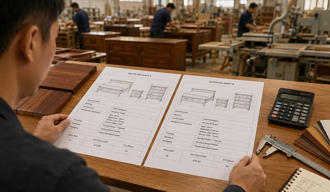 Furniture buyer comparing solid mahogany bedroom furniture quotations, drawings, dimensions, finish samples, hardware, and MOQ details.