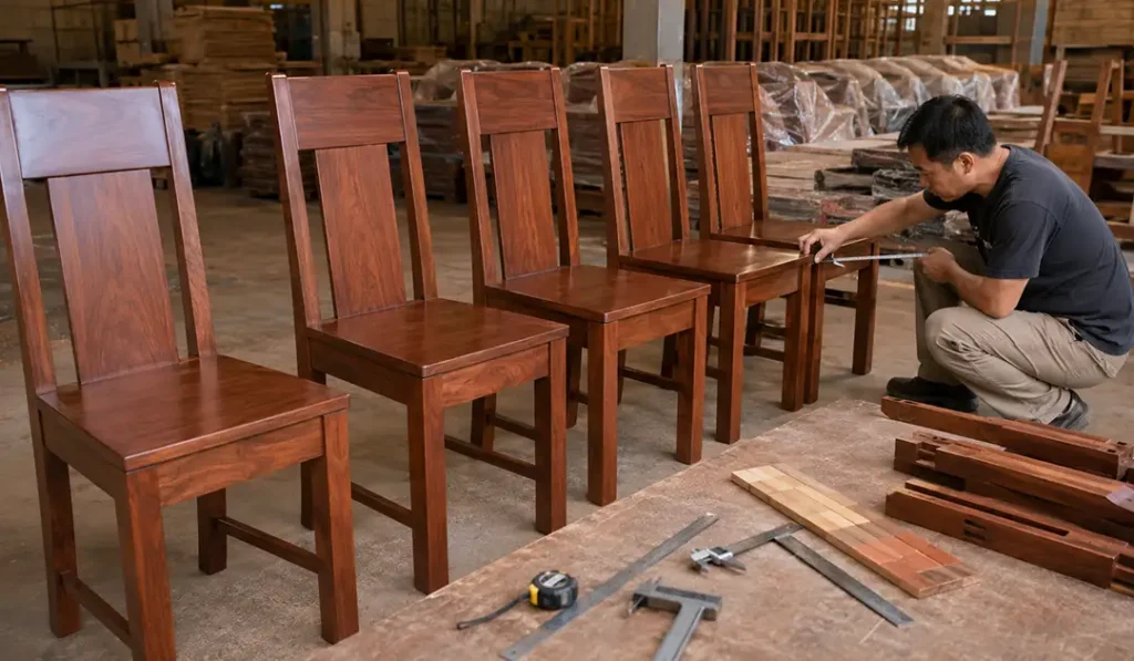 Indonesian mahogany furniture undergoing quality control for consistent dimensions, construction, and finish across repeat orders.