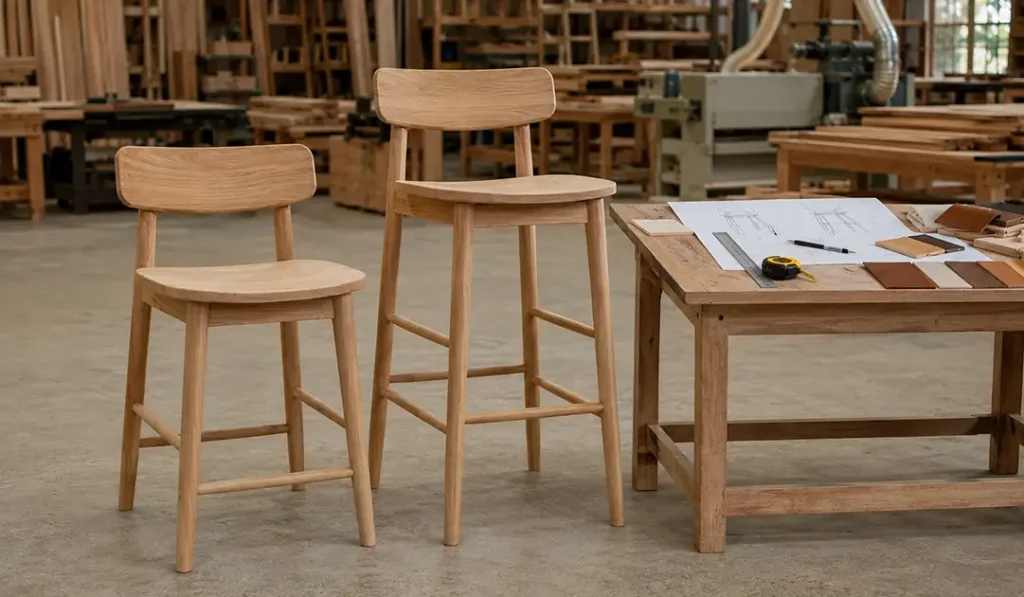 Counter stool vs bar stool product development with technical drawing, dimensional review, and furniture sample approval.