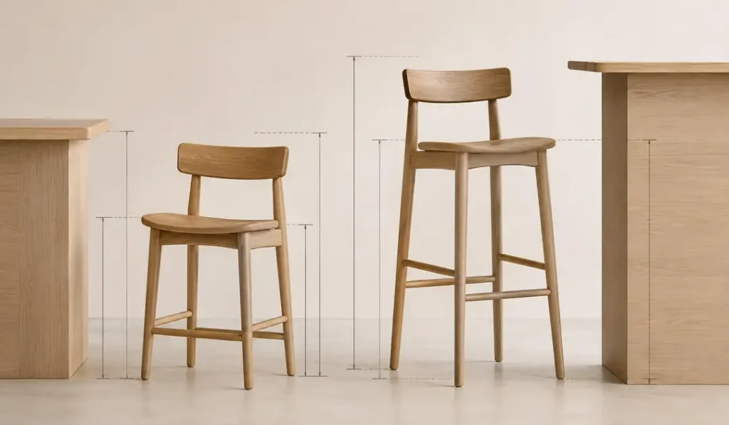Counter stool vs bar stool seat height comparison with different surface heights and footrest positions.