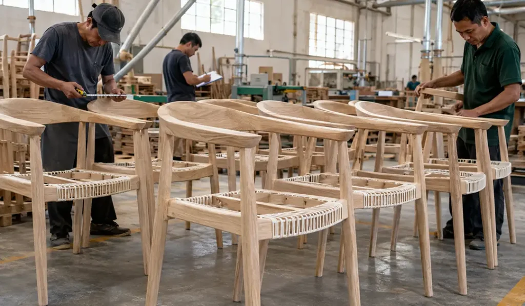 Curved Sungkai dining chairs arranged for bulk production inspection in an Indonesian furniture factory
