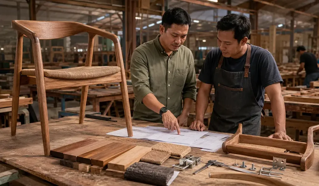 Furniture developer reviewing wood thickness, materials, and construction to match a target retail price.