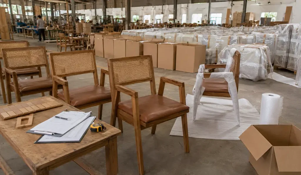 Furniture from Indonesia moving through quality control, packing, and export preparation