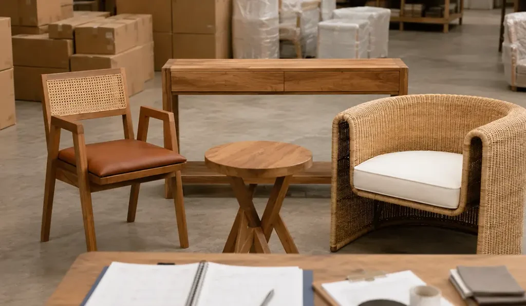 Furniture from Indonesia prepared in a warehouse before a planned retail collection launch