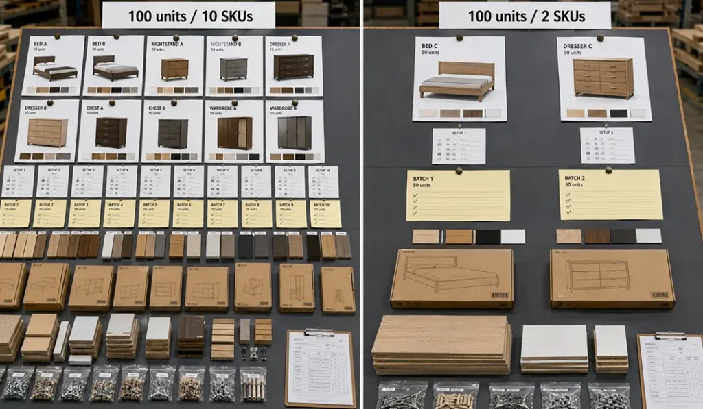 Comparison of a 100-unit furniture order divided across ten SKUs versus two SKUs, showing different production setup requirements.