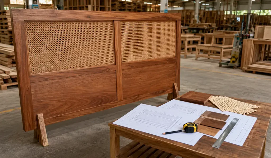 Indonesian mahogany headboard undergoing product development with drawings, finish samples, and material references in a furniture factory.