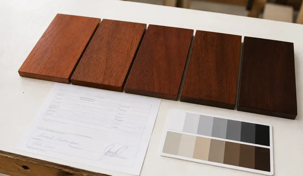 Approved mahogany color range showing natural variation before Indonesian mahogany furniture production.