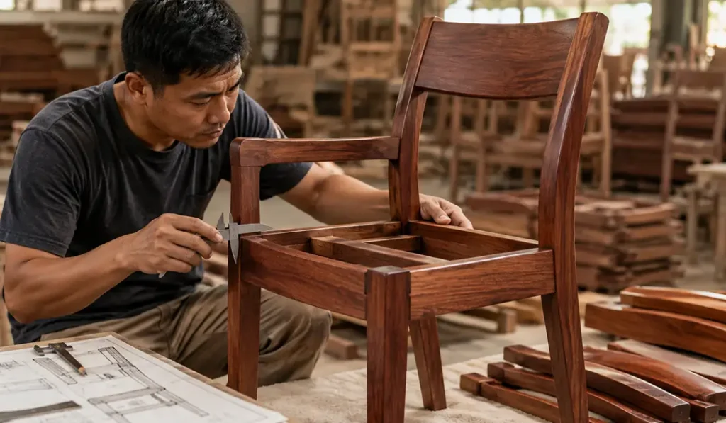 Mahogany furniture construction being inspected for accurate joinery and durability during indoor furniture production.