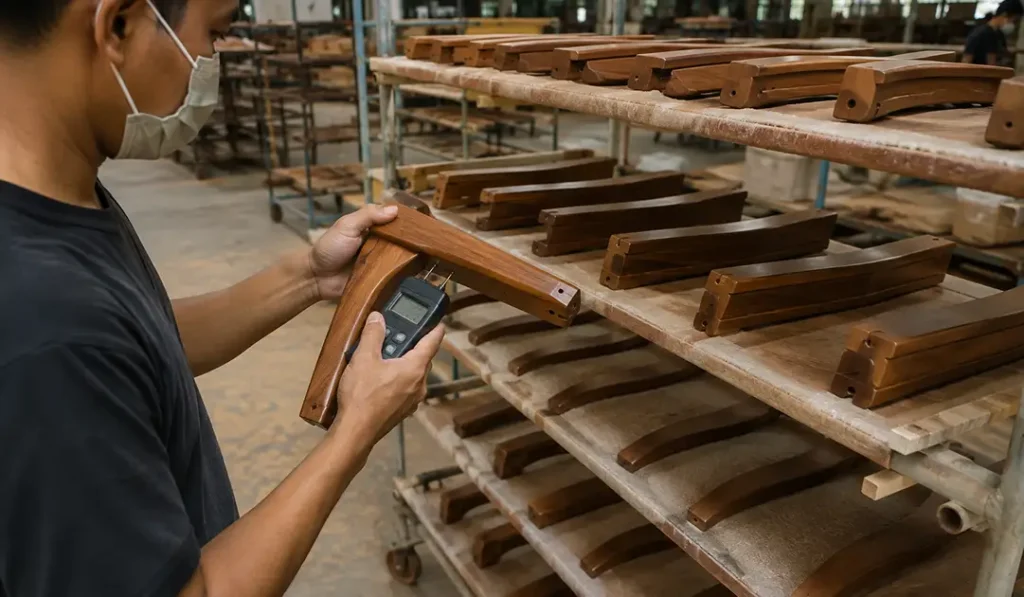 Factory worker checking mahogany moisture content before assembly to reduce furniture production problems.