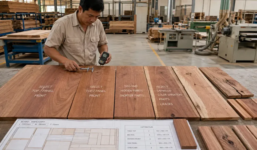 Factory worker sorting mahogany boards by color, defects, moisture, component size, and usable material yield for furniture production.