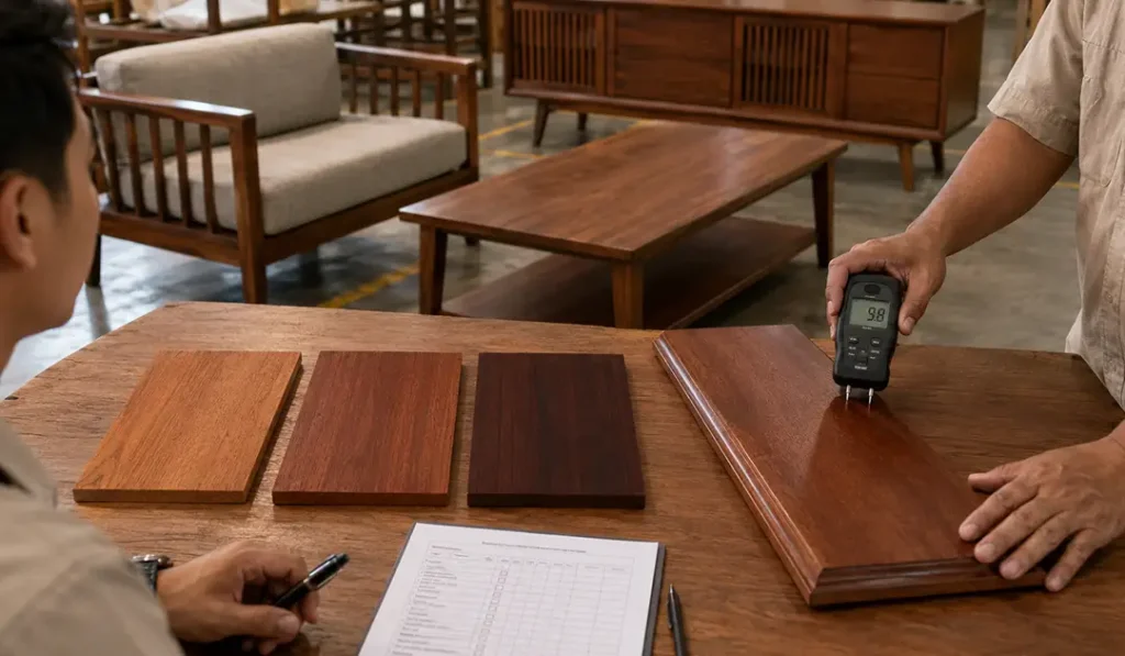 Importer reviewing color swatches and moisture readings to assess mahogany wood disadvantages before bulk furniture production.