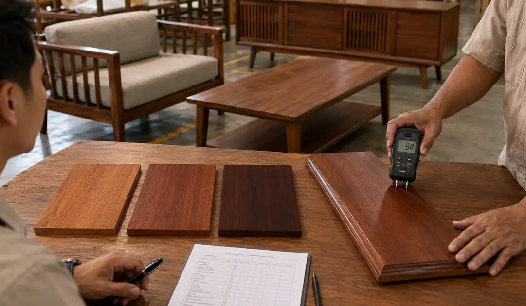 Importer reviewing color swatches and moisture readings to assess mahogany wood disadvantages before bulk furniture production.