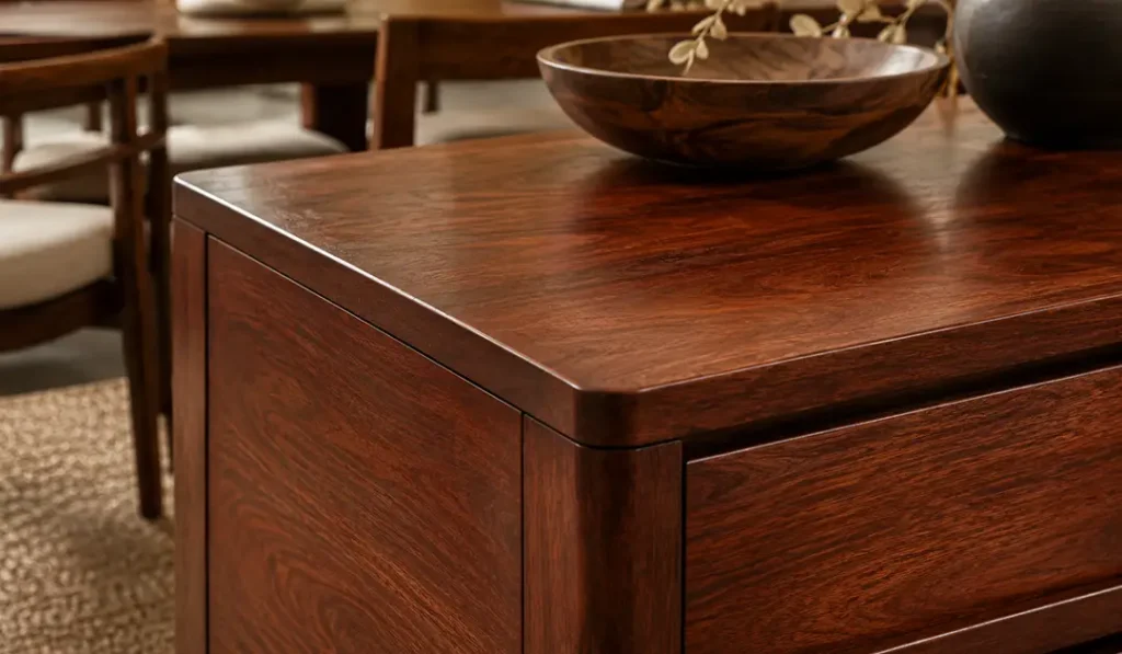 Mahogany indoor furniture showing warm reddish-brown color, natural wood grain, and refined finish for premium retail positioning.